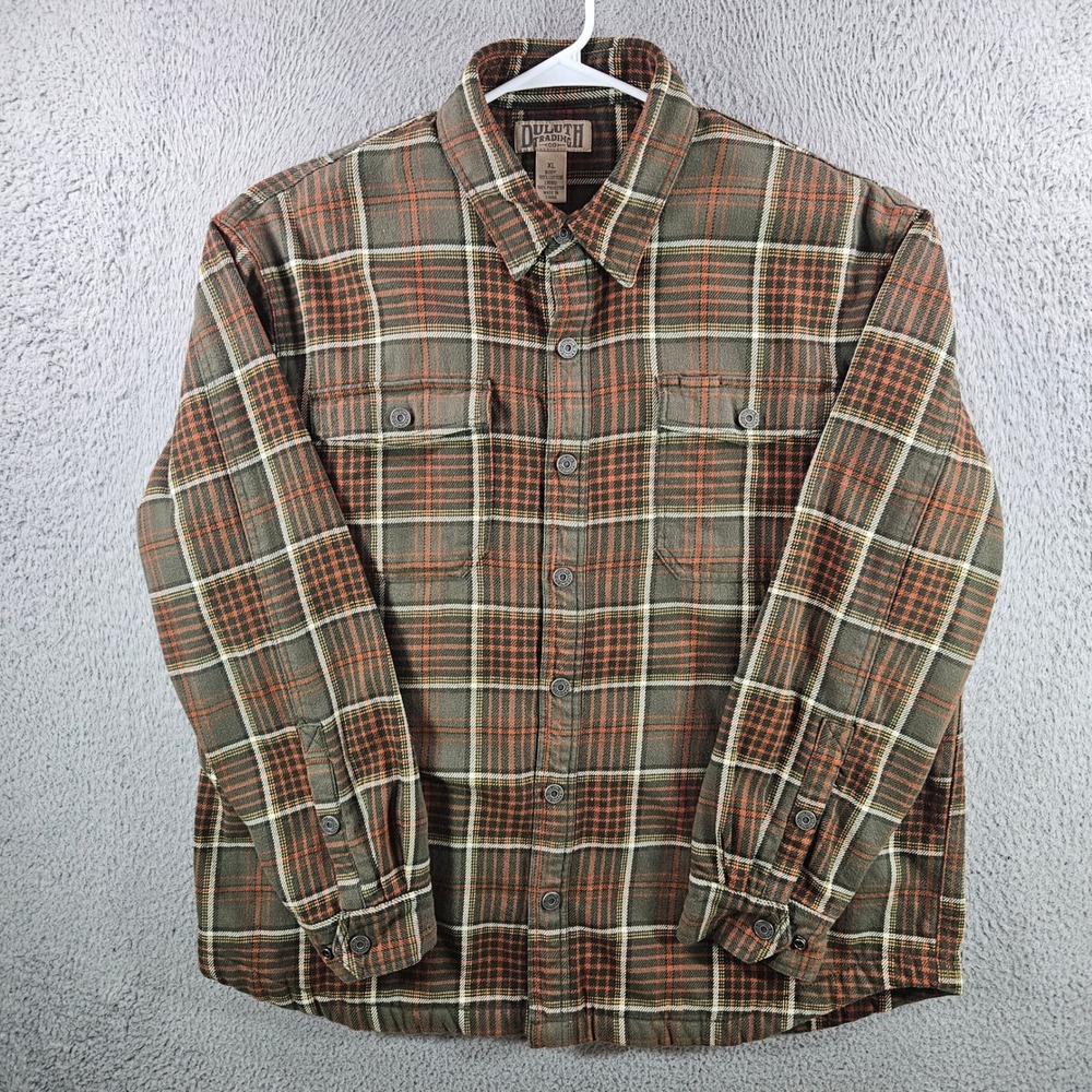 Duluth Trading Co Mens XL Fleece Lined Flannel Shirt Jacket Plaid Olive Orange